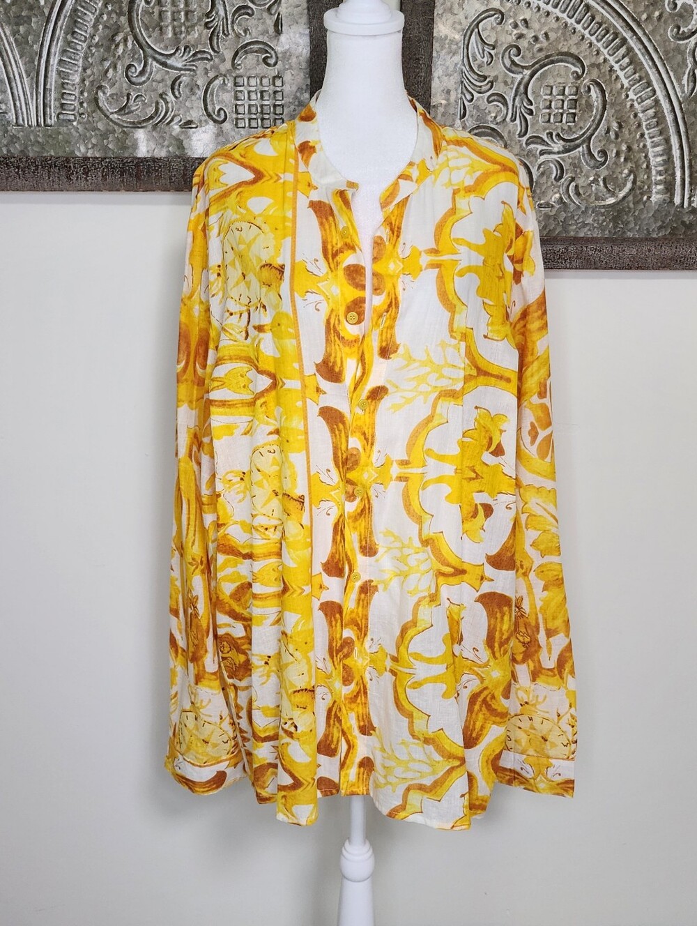 Antica Sartoria Yellow & White 100% Cotton Button Up Boho ChicCover Up Dress XL